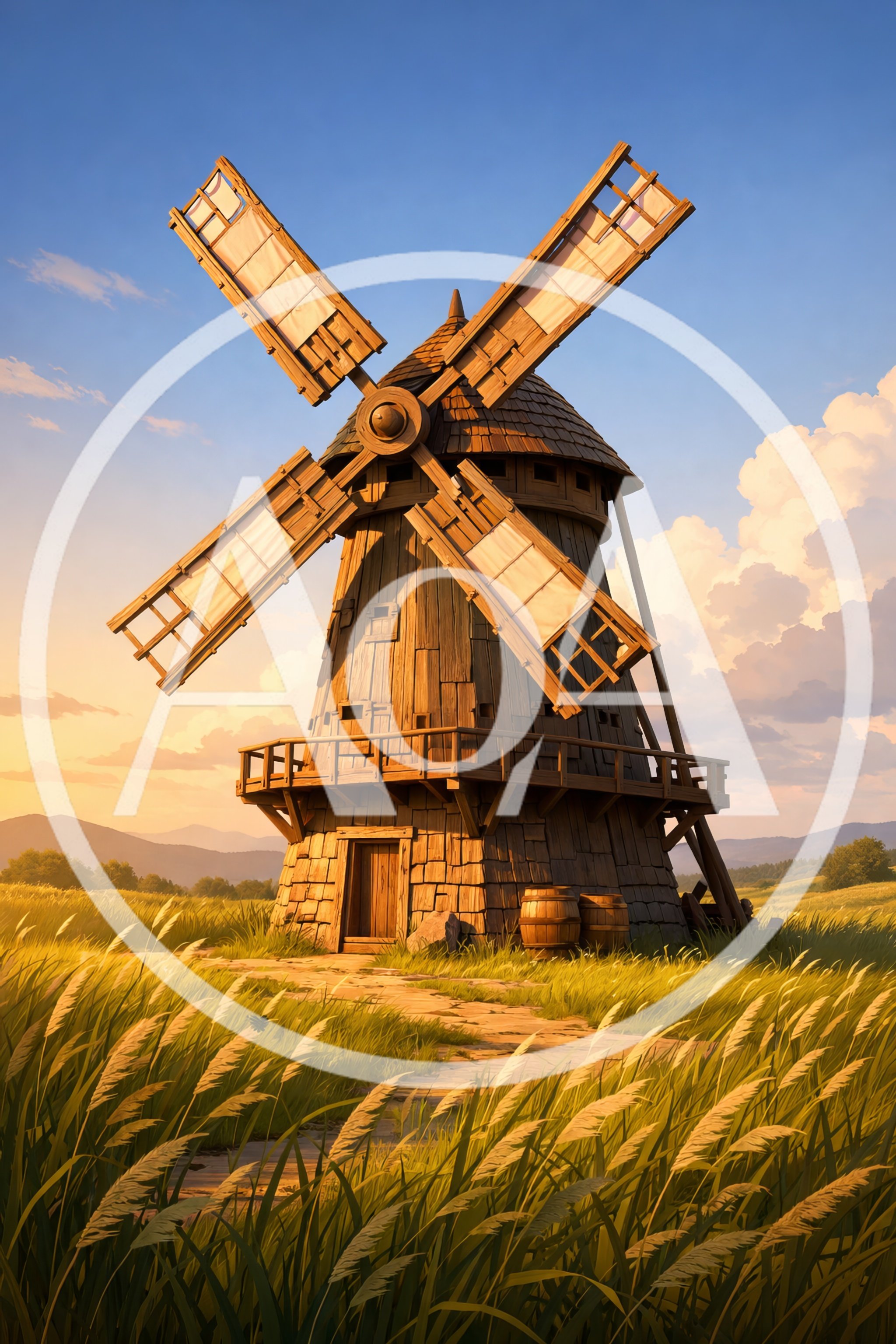 Rustic Wooden Windmill In A Golden Wheat Field