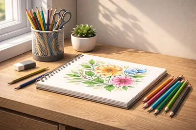 Artistic Sketchbook With Colored Pencils On Wooden Desk