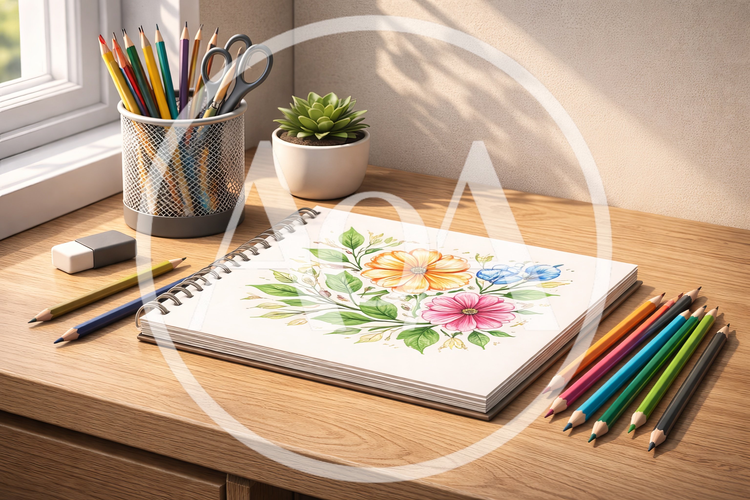 Artistic Sketchbook With Colored Pencils On Wooden Desk