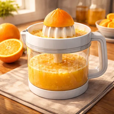 Fresh Orange Juice Being Extracted In Electric Juicer