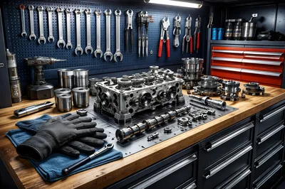 Disassembled Engine Cylinder Head On Workshop Workbench