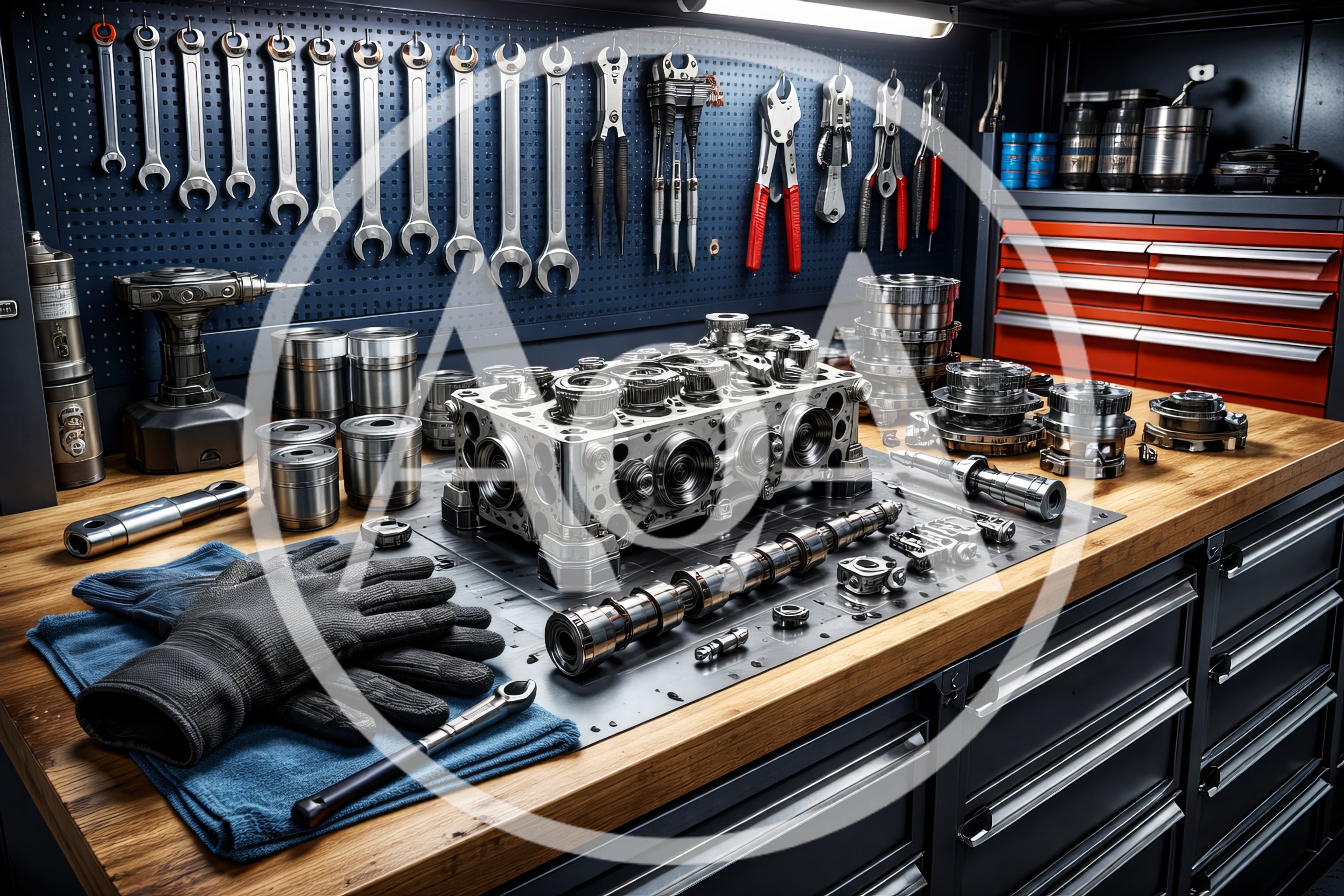 Disassembled Engine Cylinder Head On Workshop Workbench