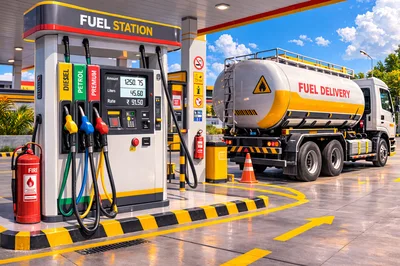 Fuel Station Pump With Tanker Truck Delivery