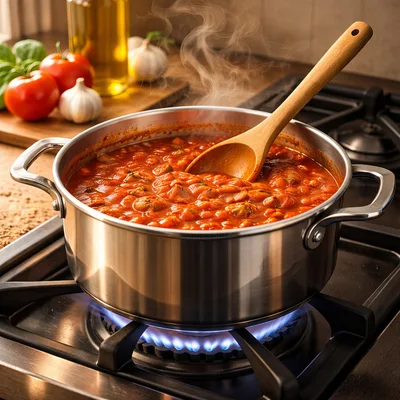 Tomato Sauce Simmering In A Stainless Steel Pot