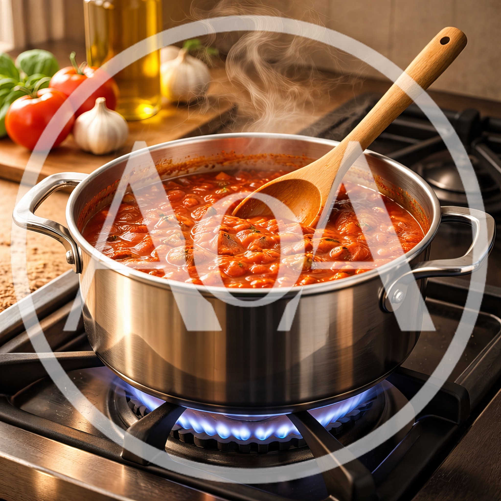 Tomato Sauce Simmering In A Stainless Steel Pot