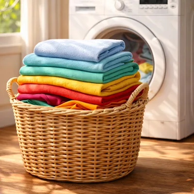 Stack Of Colorful Folded Laundry In Wicker Basket