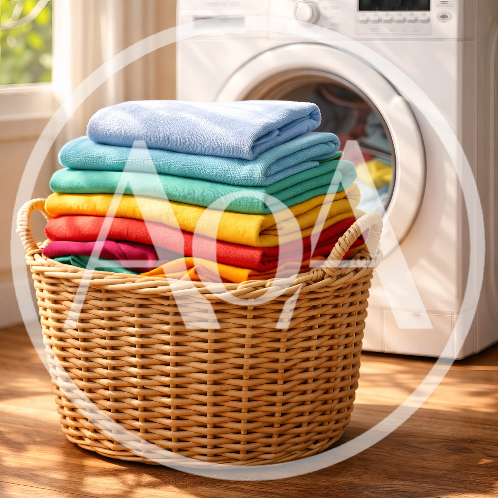 Stack Of Colorful Folded Laundry In Wicker Basket