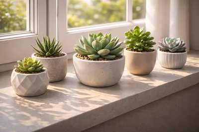 Five Potted Succulents On A Sunny Window Sill