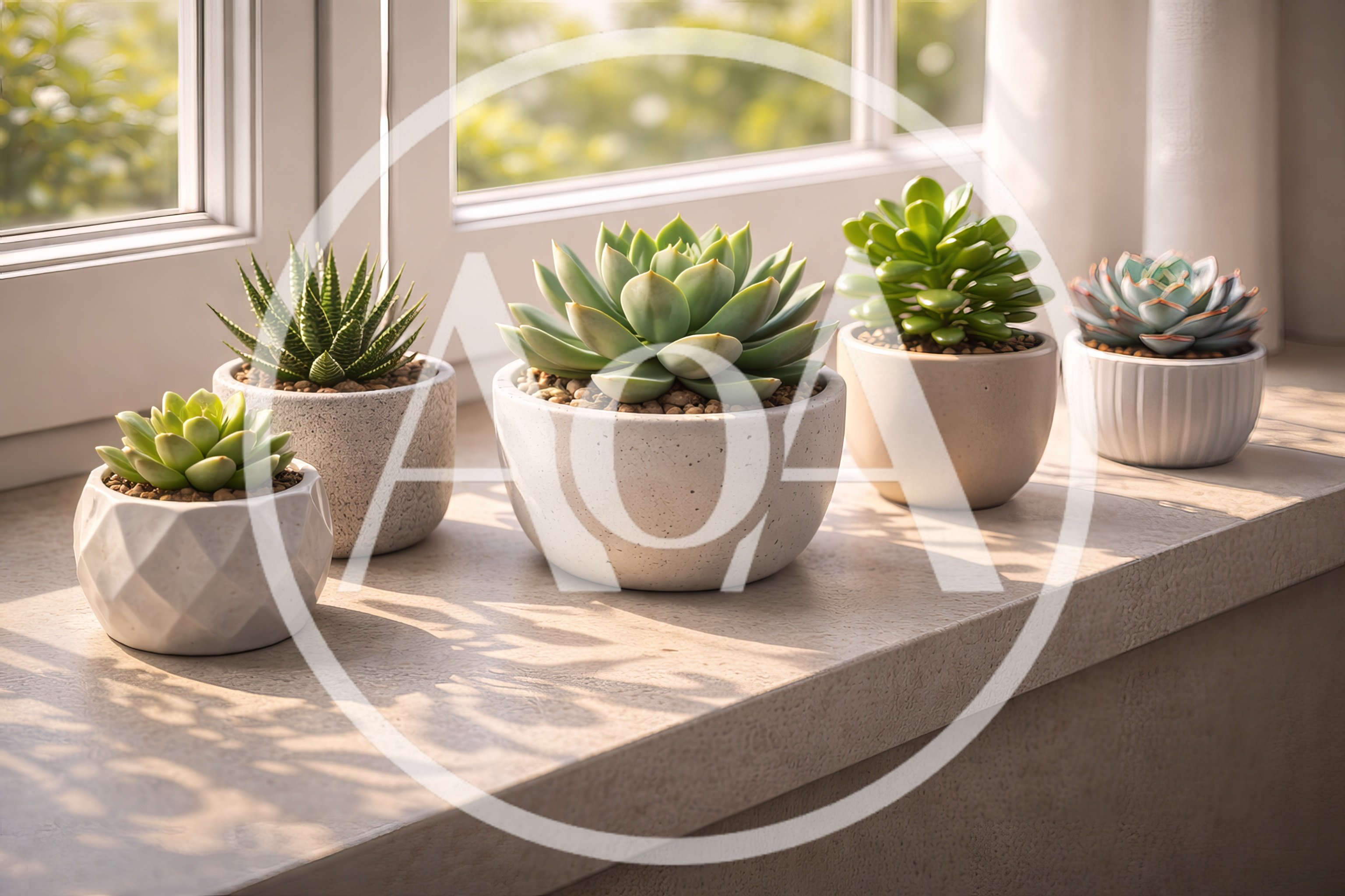 Five Potted Succulents On A Sunny Window Sill