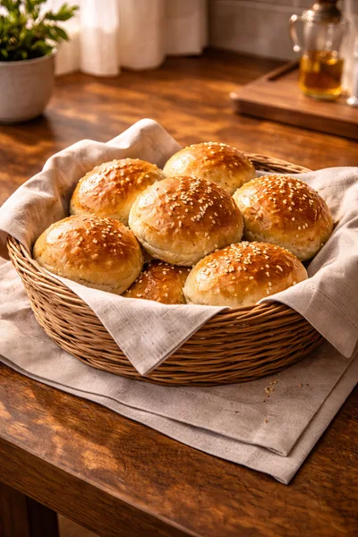 Freshly Baked Sesame Seed Buns In A Wicker Basket