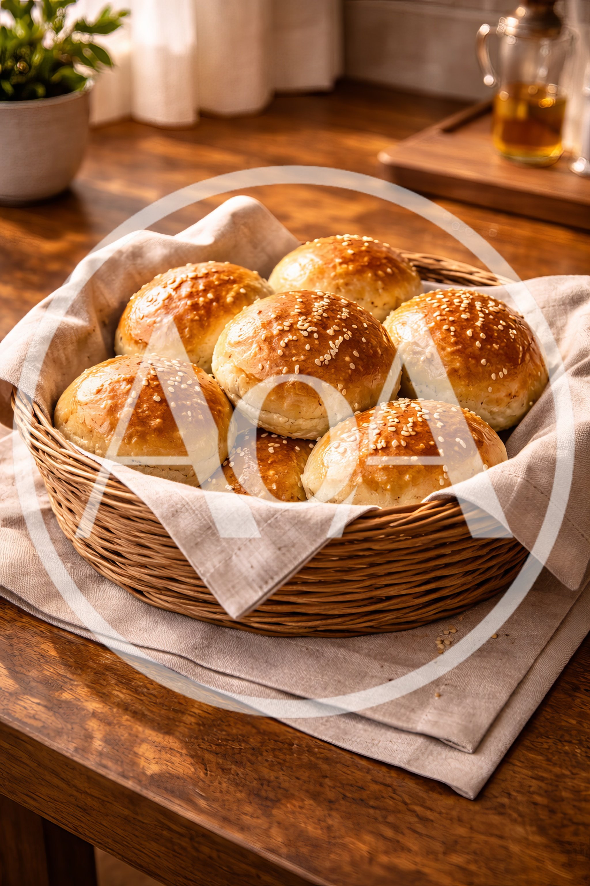 Freshly Baked Sesame Seed Buns In A Wicker Basket