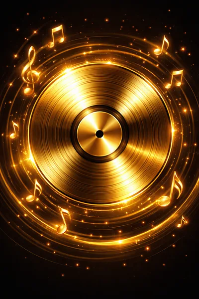 Golden Vinyl Record With Floating Musical Notes