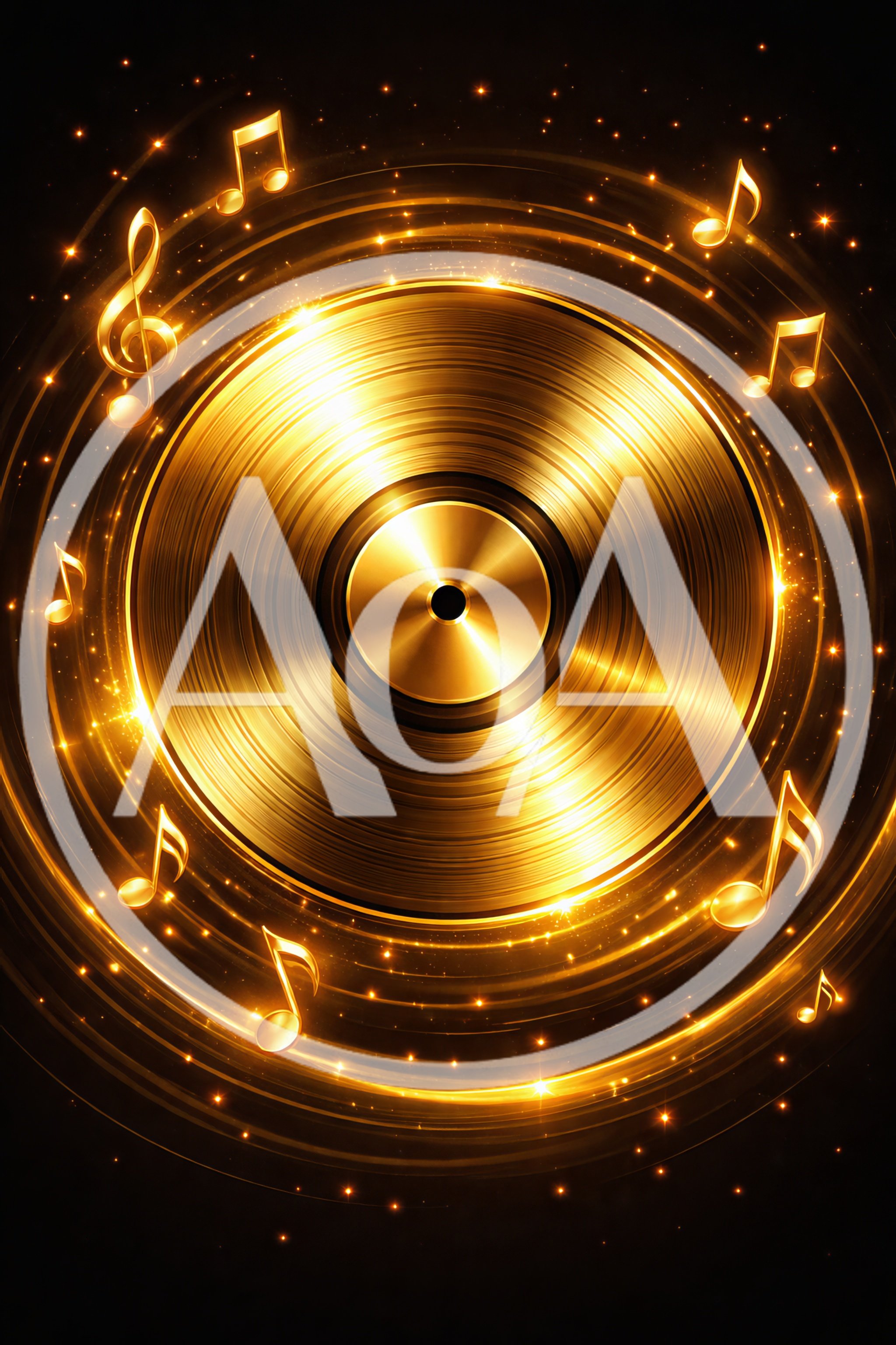 Golden Vinyl Record With Floating Musical Notes