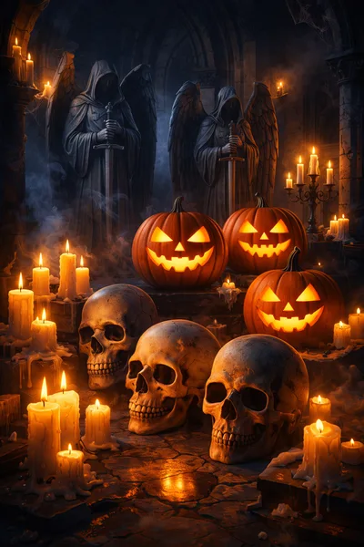 Halloween Scene With Carved Pumpkins And Human Skulls