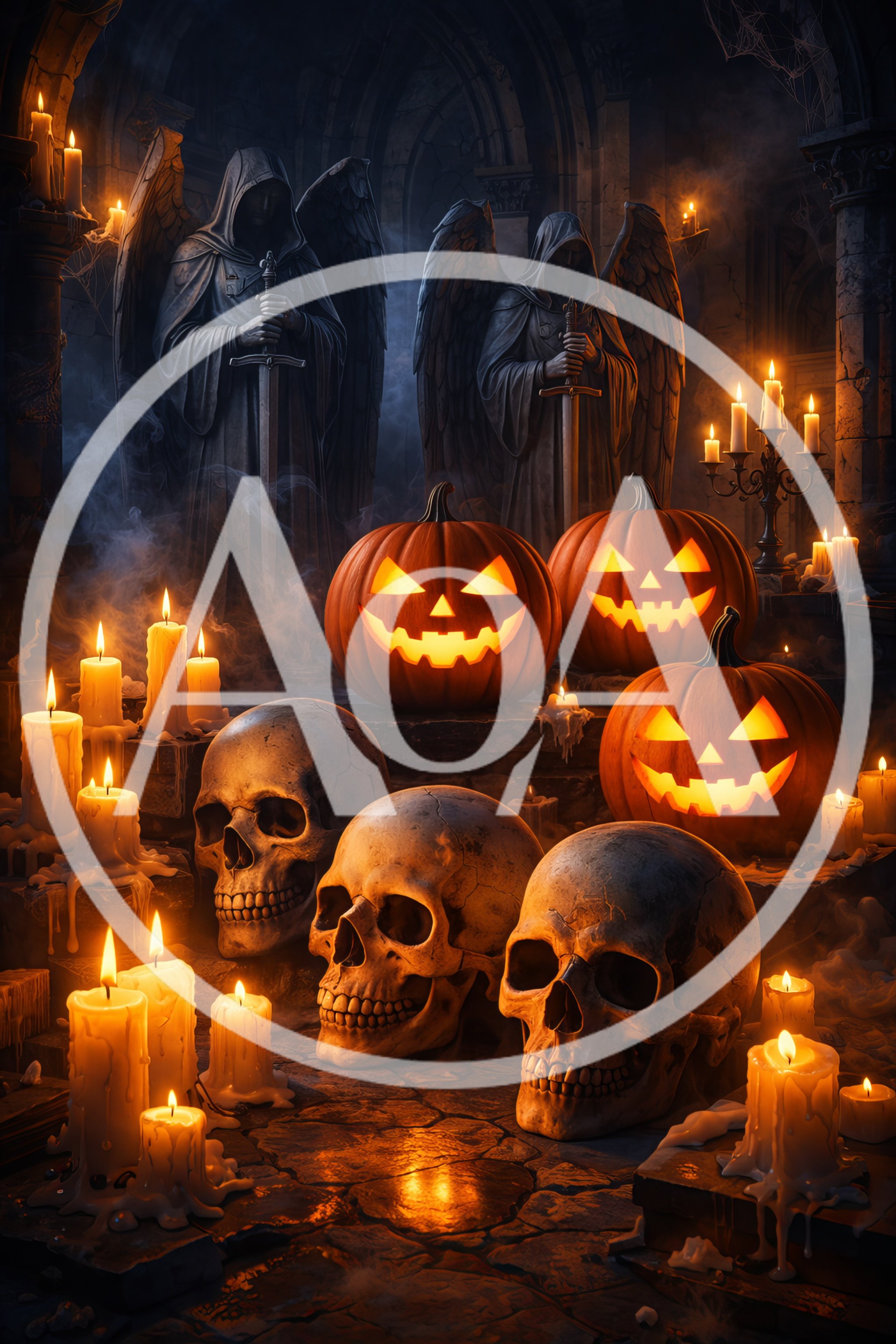 Halloween Scene With Carved Pumpkins And Human Skulls