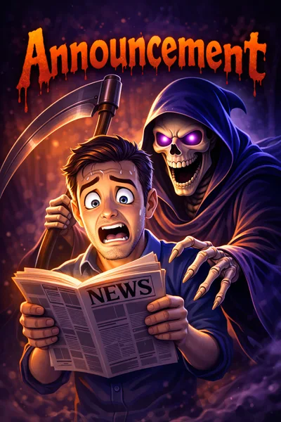 Terrified Man Reading Newspaper With Grim Reaper Behind Him