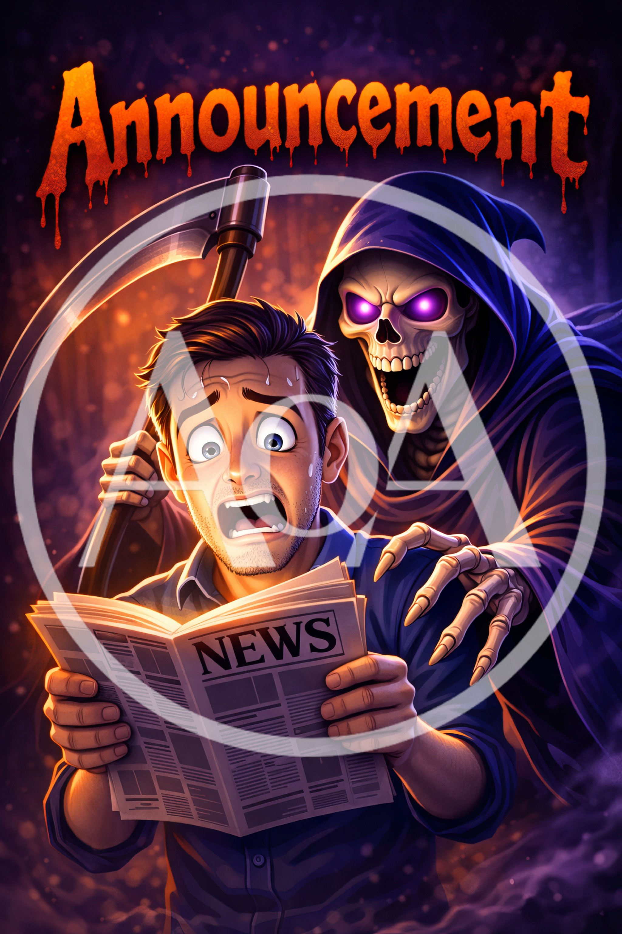 Terrified Man Reading Newspaper With Grim Reaper Behind Him
