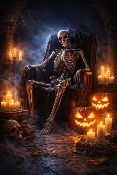 Skeleton Sitting On A Throne In A Haunted Chamber