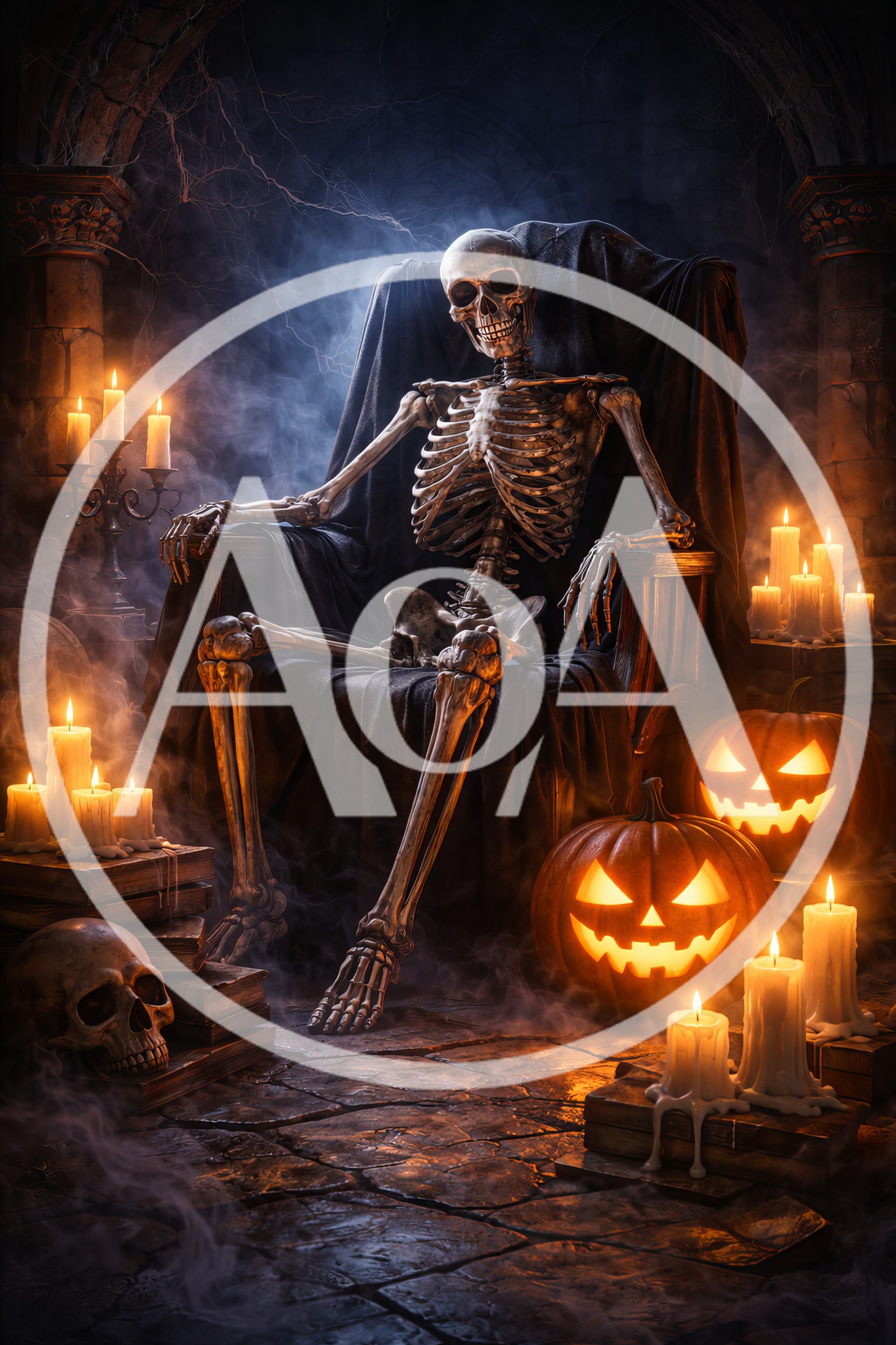 Skeleton Sitting On A Throne In A Haunted Chamber