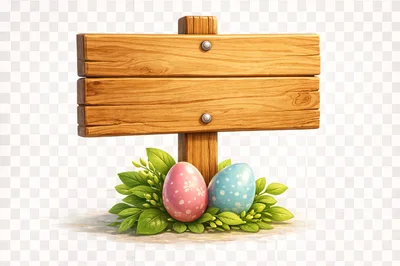 Wooden Signpost With Easter Eggs And Green Leaves