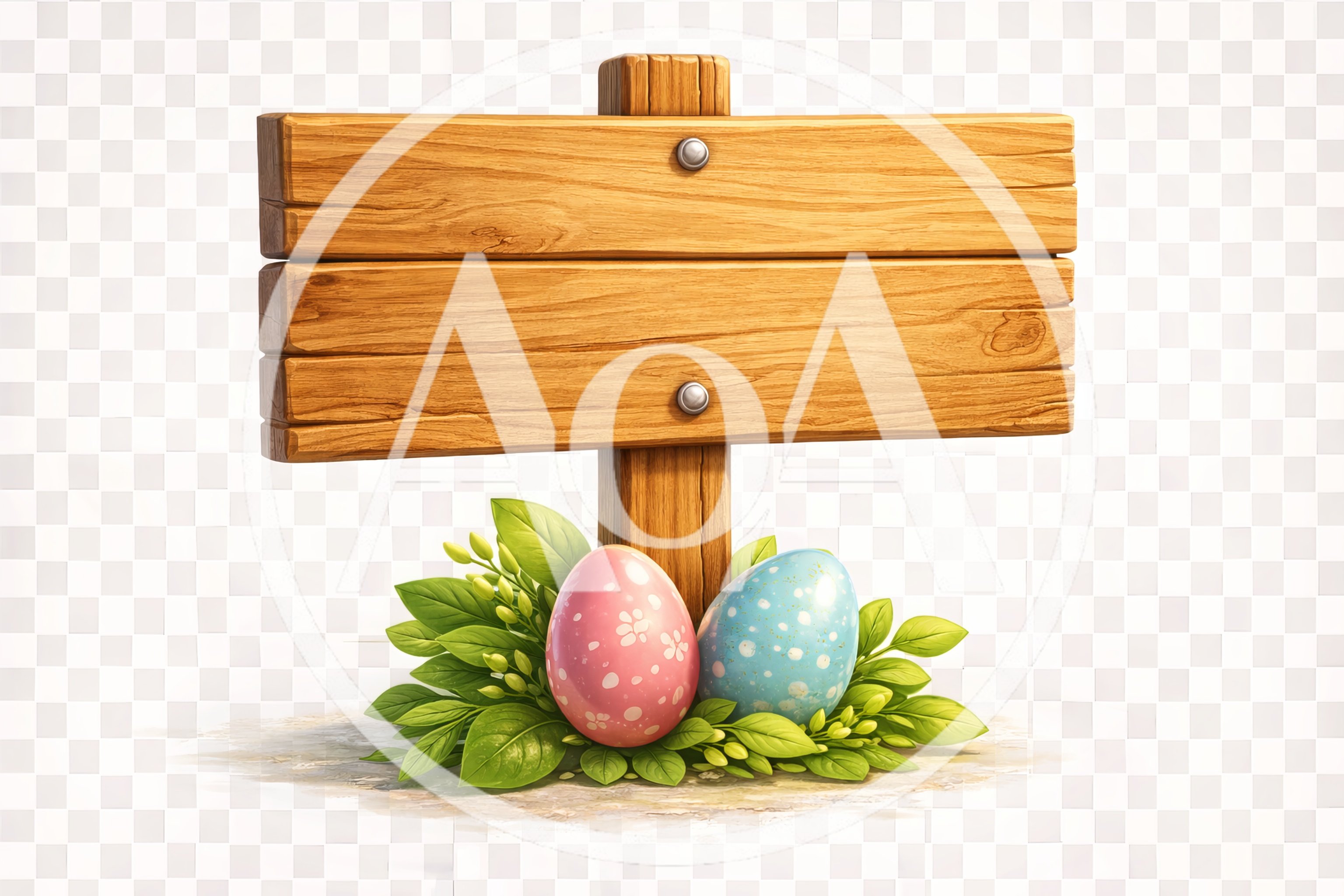 Wooden Signpost With Easter Eggs And Green Leaves