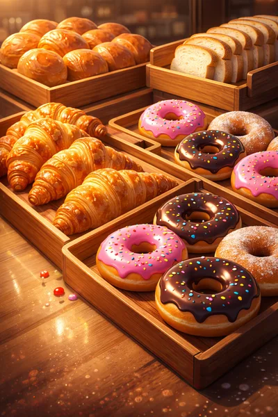 Freshly Baked Pastries and Donuts in Wooden Display Trays