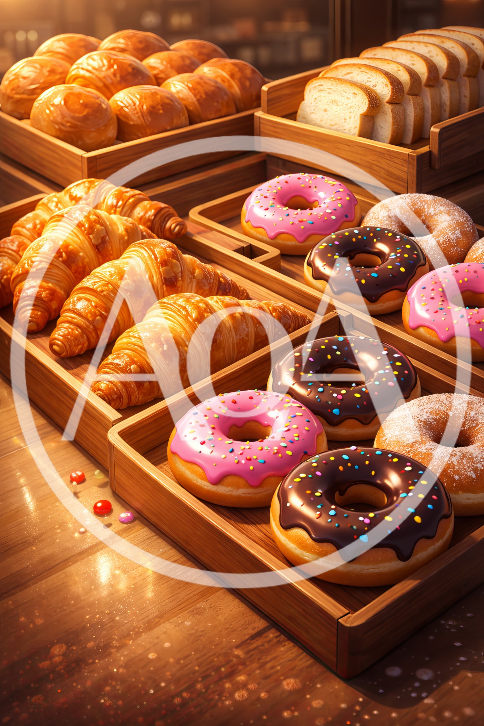 Freshly Baked Pastries and Donuts in Wooden Display Trays
