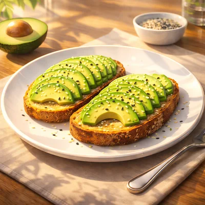 Two Slices Of Avocado Toast On A White Plate
