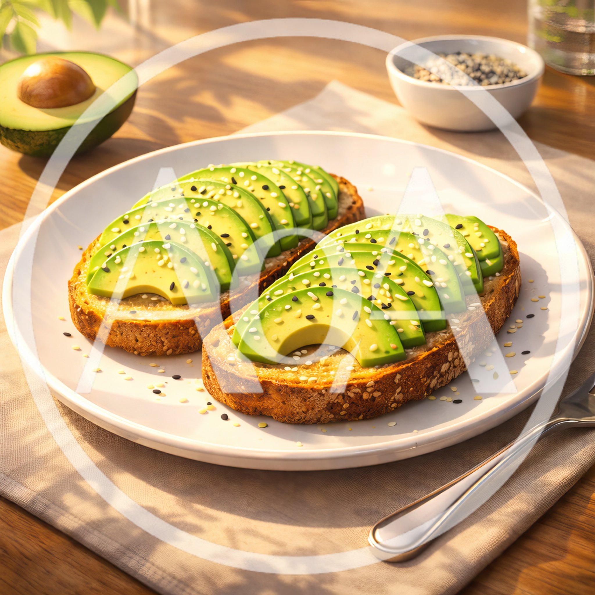 Two Slices Of Avocado Toast On A White Plate