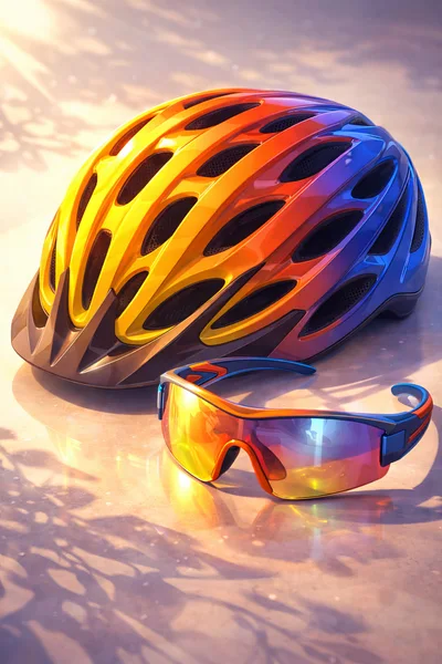 Cycling Helmet and Sport Sunglasses on Sunny Surface