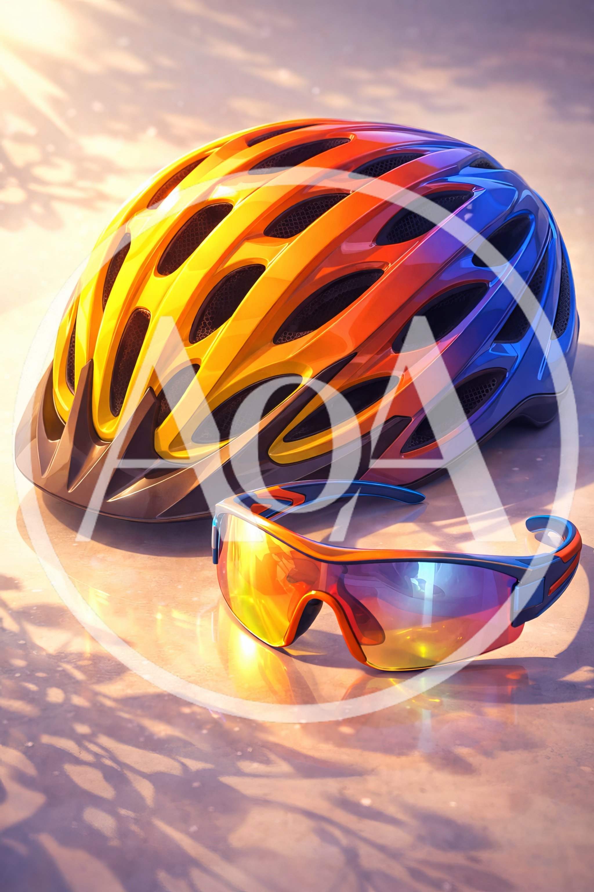 Cycling Helmet and Sport Sunglasses on Sunny Surface