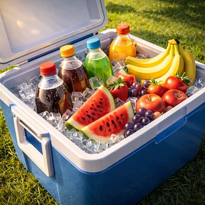 Cooler Filled With Fresh Fruit And Drinks