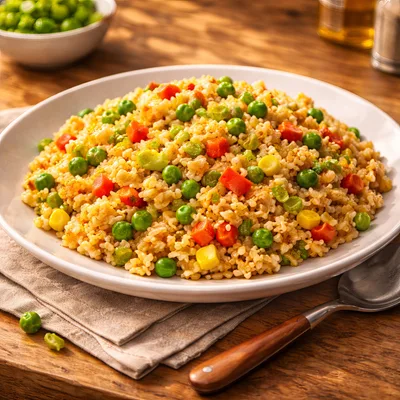 Bowl Of Vegetable Fried Rice On Wooden Table