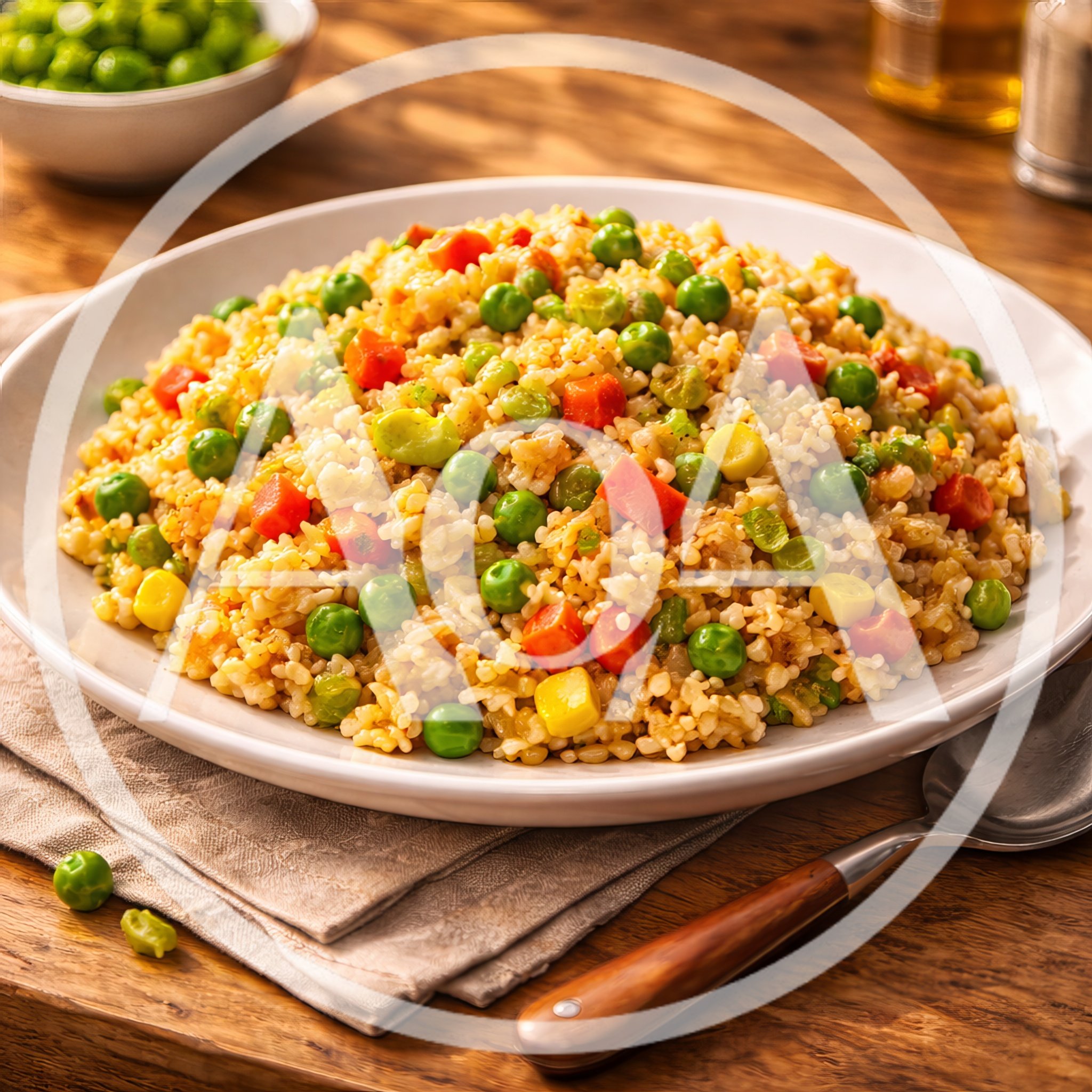 Bowl Of Vegetable Fried Rice On Wooden Table