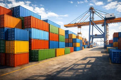 Industrial Shipping Port With Stacked Cargo Containers