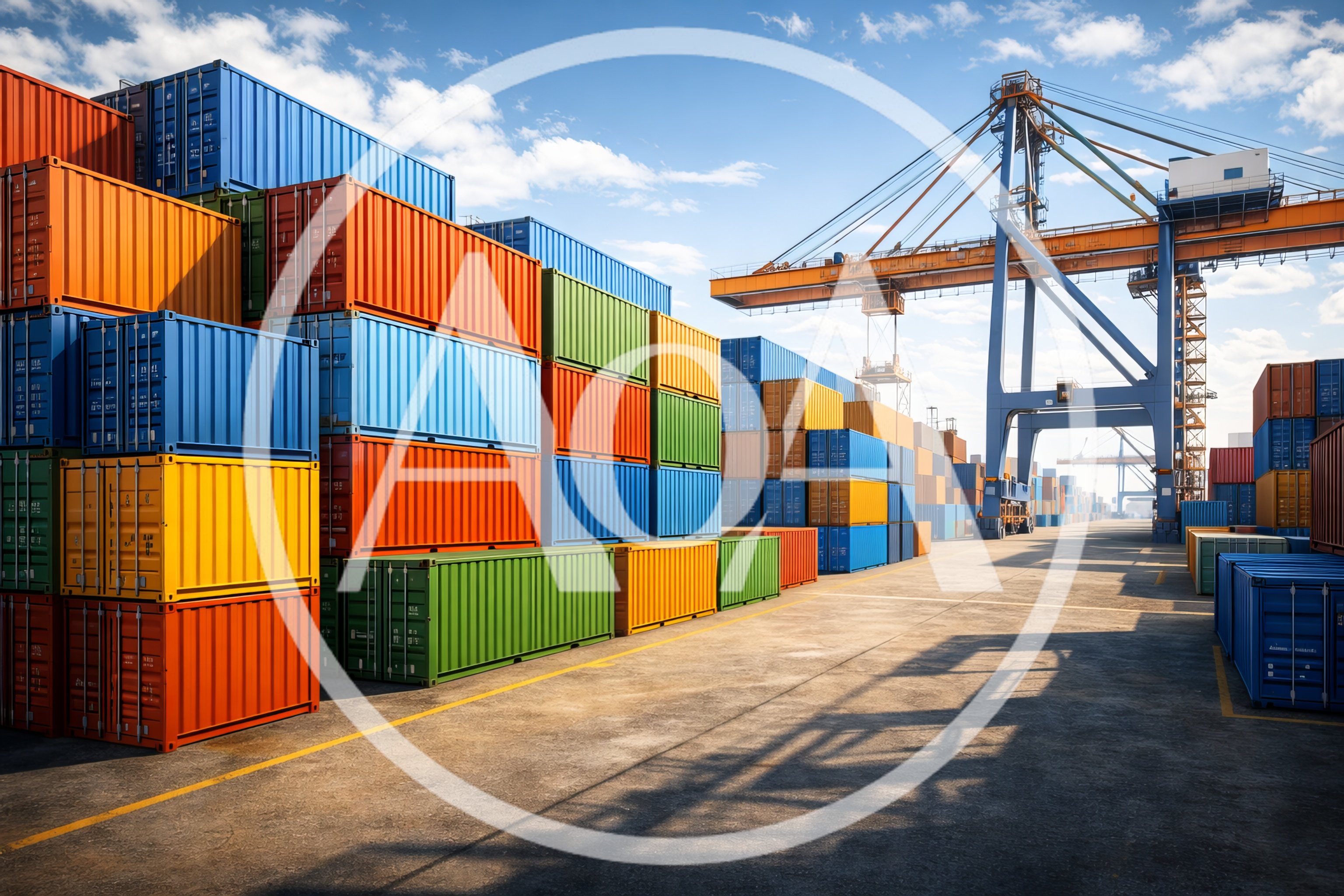 Industrial Shipping Port With Stacked Cargo Containers