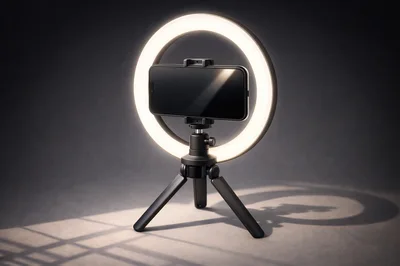 Smartphone Mounted On A Tripod With Ring Light