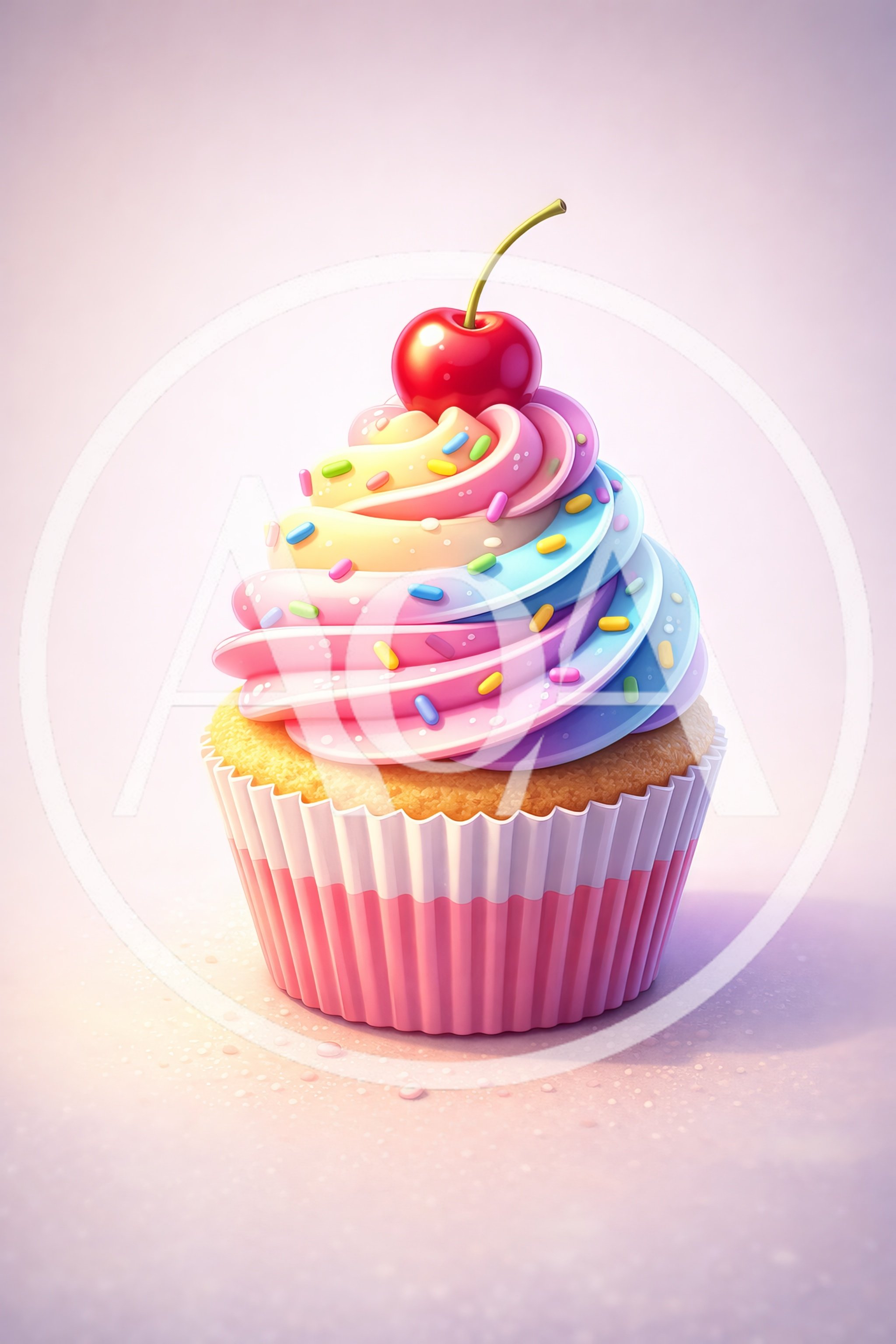 Pastel Rainbow Swirl Cupcake With Cherry Topping