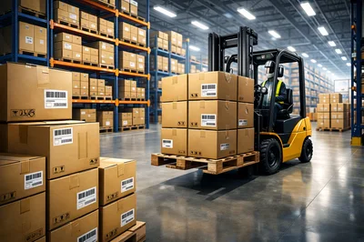 Forklift Operator Moving Cardboard Boxes in Warehouse