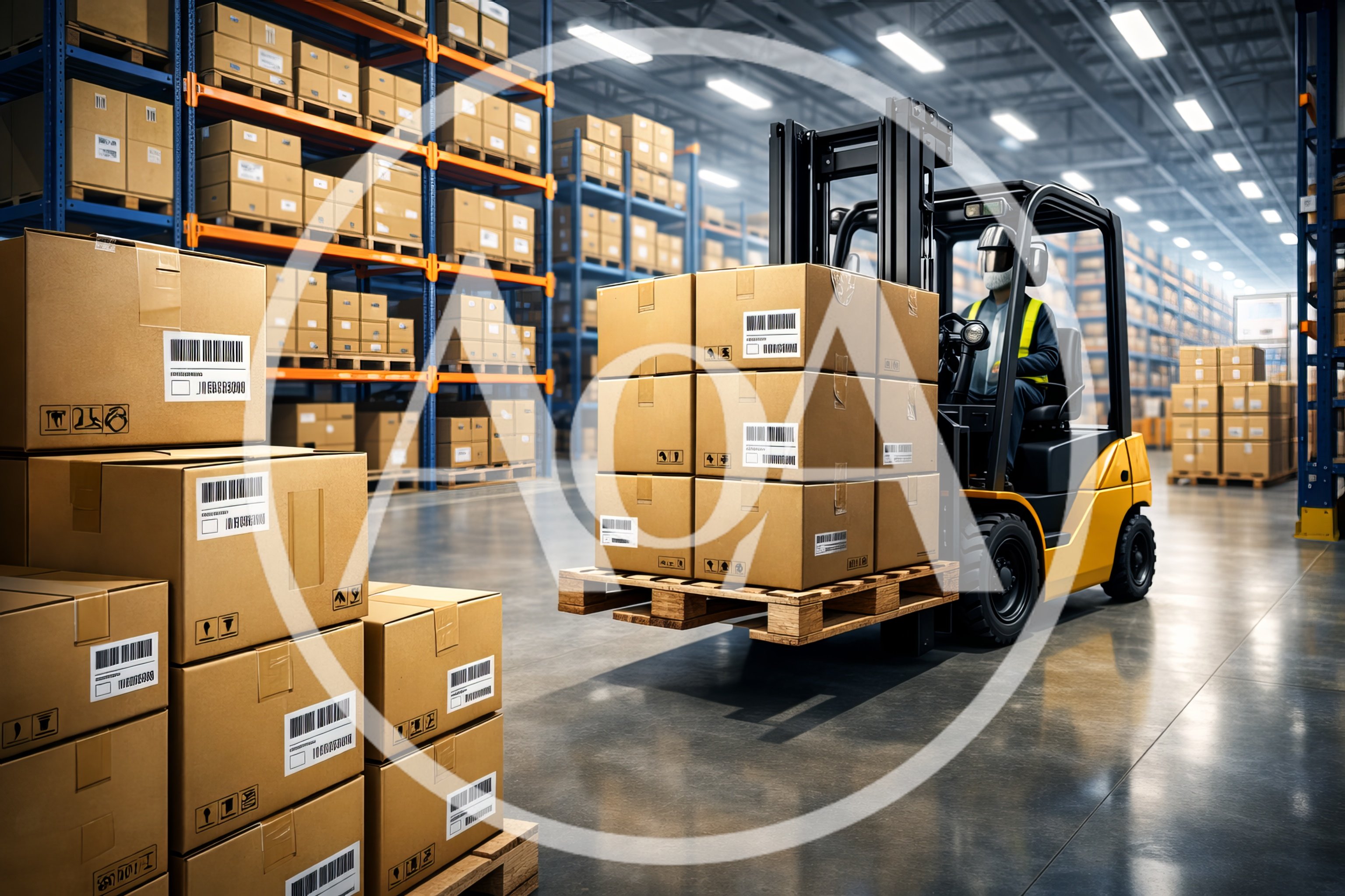 Forklift Operator Moving Cardboard Boxes in Warehouse