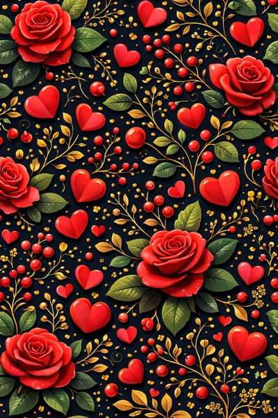 Seamless Pattern With Red Roses And Hearts