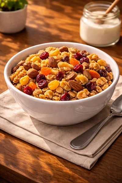 Bowl Of Healthy Granola With Nuts And Dried Fruit