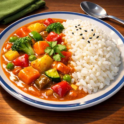 Plate Of Vegetable Curry With Steamed White Rice