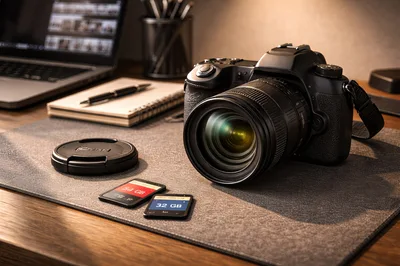 Professional DSLR Camera And Memory Cards On Desk