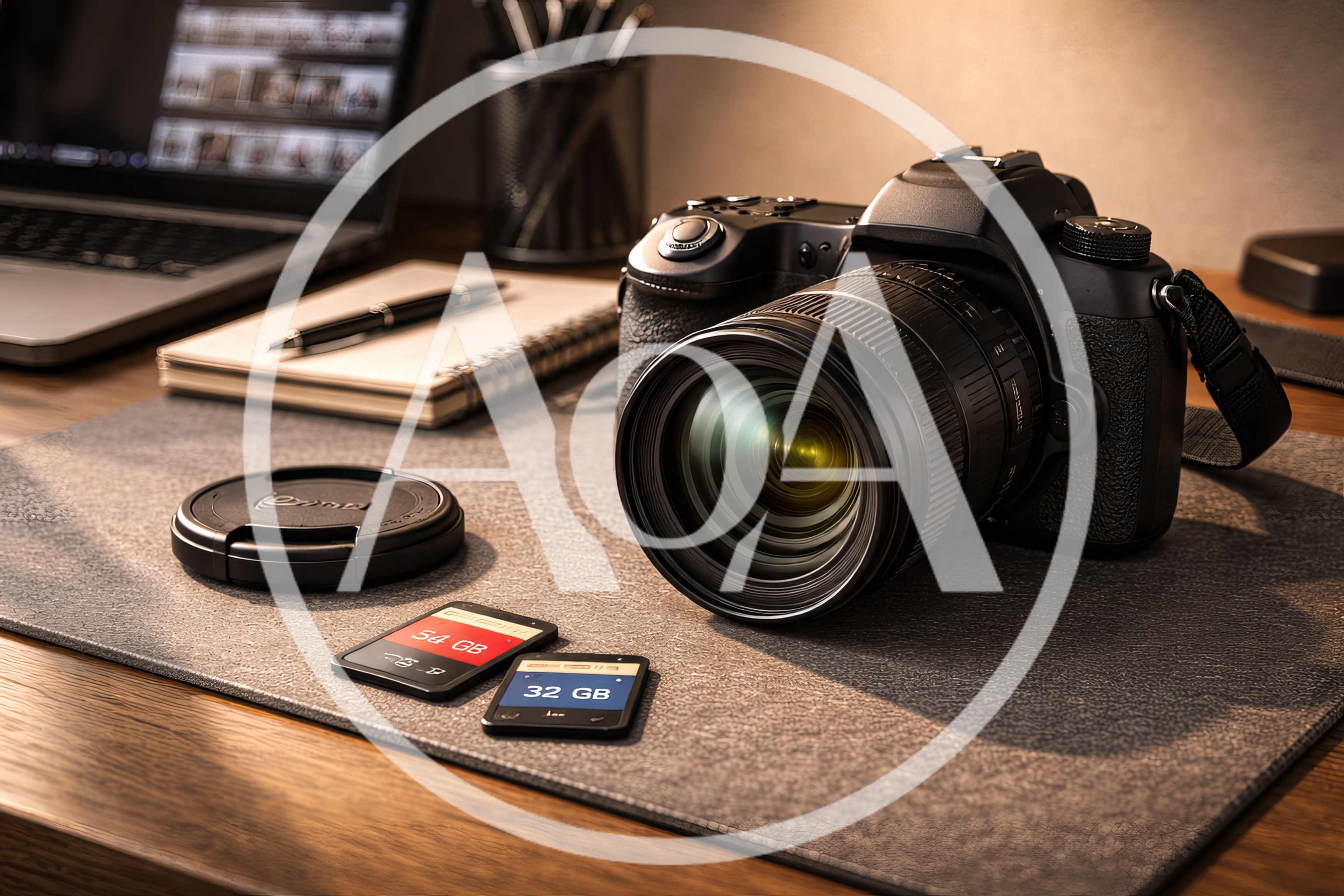Professional DSLR Camera And Memory Cards On Desk