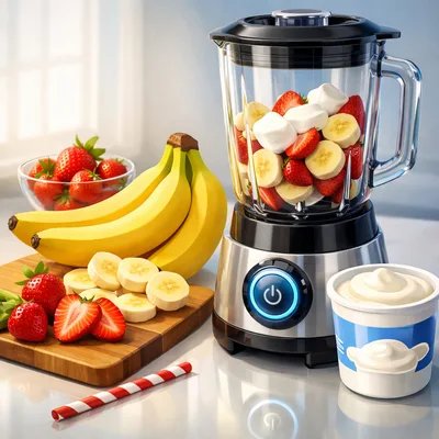Fresh Strawberry Banana Smoothie Ingredients With Blender