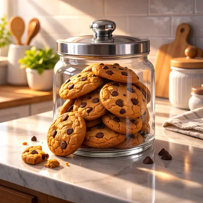 Glass Cookie Jar Filled With Chocolate Chip Cookies