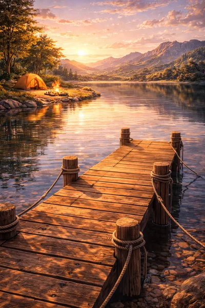 Wooden Dock At A Serene Mountain Lake Sunset