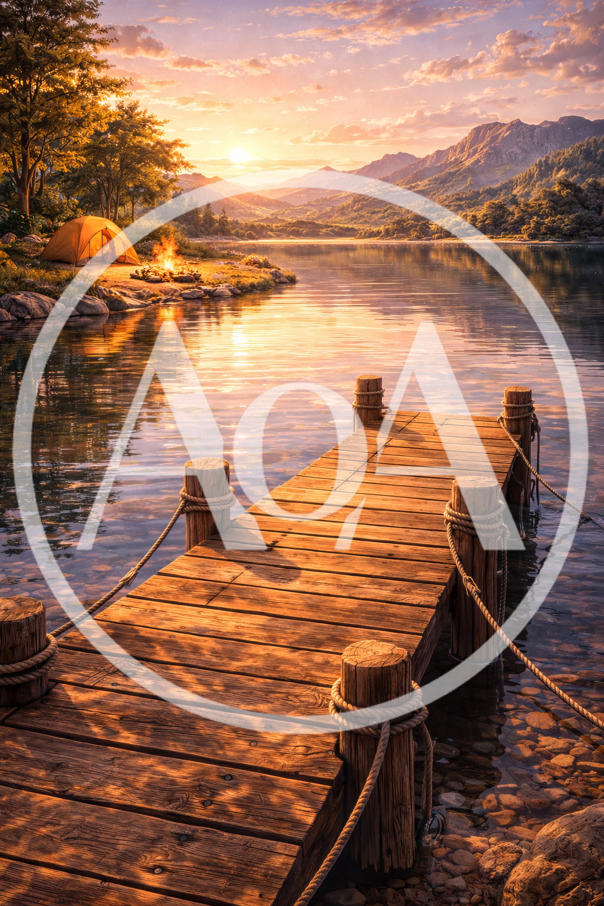 Wooden Dock At A Serene Mountain Lake Sunset