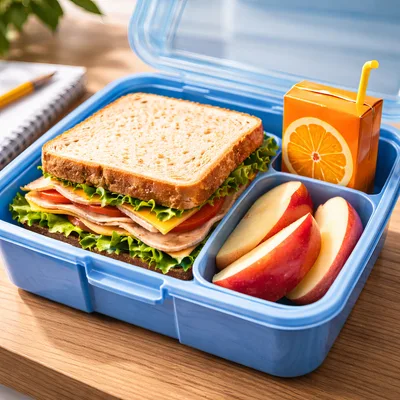Blue Lunchbox With Sandwich And Apple Slices